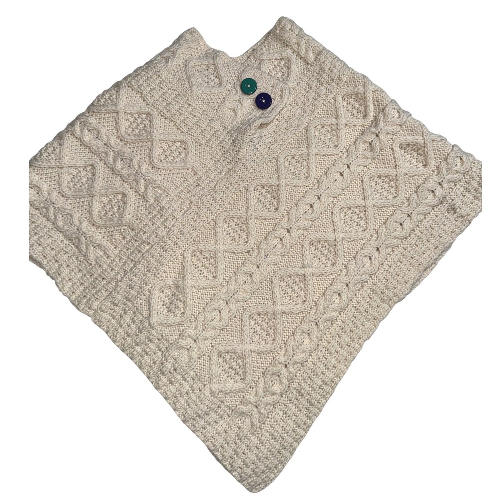 Carraig Donn Kids Merino Wool Aran Cable Knit Poncho Cream Made in Ireland Med